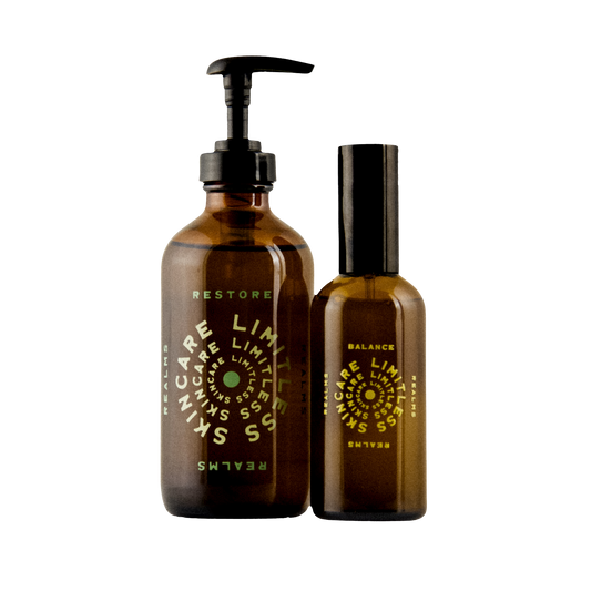 The Daily Balance Set: Restore Body Oil 8 oz and Balance Body Tonic 3.4 oz side by side